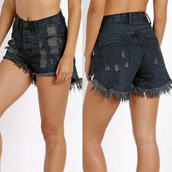 One Teaspoon‎ High Waist Bonita Jean Shorts Raw Size 25 Dark Blue Bohemian Boho - Picture 11 of 11